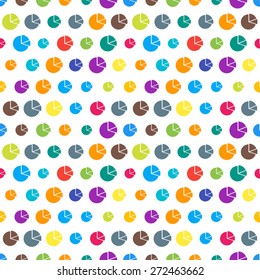 Vector funky colorful seamless pattern with random material design colors. Festive tiled pie chart icon pattern.