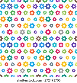 Vector funky colorful seamless pattern with random material design colors. Festive tiled gear icon pattern.