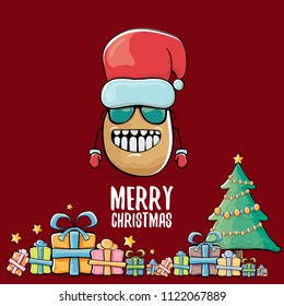 vector funky comic cartoon cute brown smiling santa claus potato with red santa hat, gifts, tree and calligraphic merry christmas text isolated on red background. vegetable funky christmas character