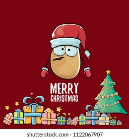 vector funky comic cartoon cute brown smiling santa claus potato with red santa hat, gifts, tree and calligraphic merry christmas text isolated on red background. vegetable funky christmas character