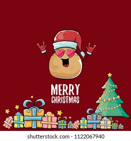vector funky comic cartoon cute brown smiling santa claus potato with red santa hat, gifts, tree and calligraphic merry christmas text isolated on red background. vegetable funky christmas character