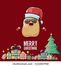 vector funky comic cartoon cute brown smiling santa claus potato with red santa hat, gifts, tree and calligraphic merry christmas text isolated on red background. vegetable funky christmas character