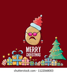vector funky comic cartoon cute brown smiling santa claus potato with red santa hat, gifts, tree and calligraphic merry christmas text isolated on red background. vegetable funky christmas character