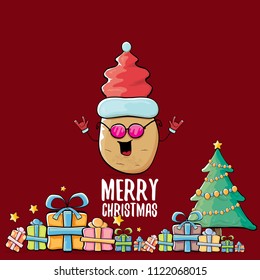 vector funky comic cartoon cute brown smiling santa claus potato with red santa hat, gifts, tree and calligraphic merry christmas text isolated on red background. vegetable funky christmas character