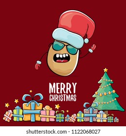 vector funky comic cartoon cute brown smiling santa claus potato with red santa hat, gifts, tree and calligraphic merry christmas text isolated on red background. vegetable funky christmas character
