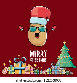 vector funky comic cartoon cute brown smiling santa claus potato with red santa hat, gifts, tree and calligraphic merry christmas text isolated on red background. vegetable funky christmas character