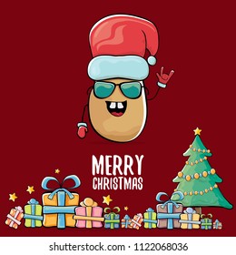 vector funky comic cartoon cute brown smiling santa claus potato with red santa hat, gifts, tree and calligraphic merry christmas text isolated on red background. vegetable funky christmas character
