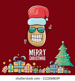 vector funky comic cartoon cute brown smiling santa claus potato with red santa hat, gifts, tree and calligraphic merry christmas text isolated on red background. vegetable funky christmas character