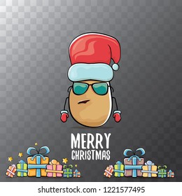 vector funky comic cartoon cute brown smiling santa claus potato with red santa hat, gifts and calligraphic merry christmas text isolated on transparent background. vegetable funky christmas character