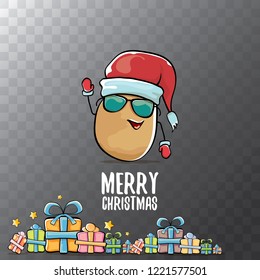 vector funky comic cartoon cute brown smiling santa claus potato with red santa hat, gifts and calligraphic merry christmas text isolated on transparent background. vegetable funky christmas character