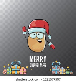 vector funky comic cartoon cute brown smiling santa claus potato with red santa hat, gifts and calligraphic merry christmas text isolated on transparent background. vegetable funky christmas character