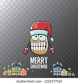 vector funky comic cartoon cute brown smiling santa claus potato with red santa hat, gifts and calligraphic merry christmas text isolated on transparent background. vegetable funky christmas character