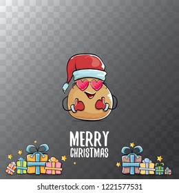 vector funky comic cartoon cute brown smiling santa claus potato with red santa hat, gifts and calligraphic merry christmas text isolated on transparent background. vegetable funky christmas character