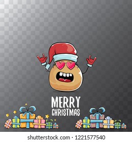 vector funky comic cartoon cute brown smiling santa claus potato with red santa hat, gifts and calligraphic merry christmas text isolated on transparent background. vegetable funky christmas character