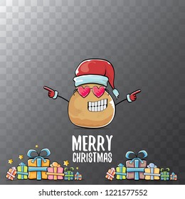 vector funky comic cartoon cute brown smiling santa claus potato with red santa hat, gifts and calligraphic merry christmas text isolated on transparent background. vegetable funky christmas character