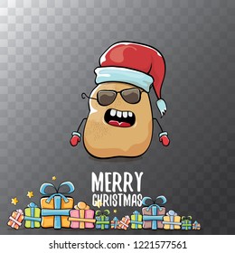vector funky comic cartoon cute brown smiling santa claus potato with red santa hat, gifts and calligraphic merry christmas text isolated on transparent background. vegetable funky christmas character