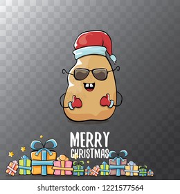 vector funky comic cartoon cute brown smiling santa claus potato with red santa hat, gifts and calligraphic merry christmas text isolated on transparent background. vegetable funky christmas character