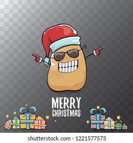 vector funky comic cartoon cute brown smiling santa claus potato with red santa hat, gifts and calligraphic merry christmas text isolated on transparent background. vegetable funky christmas character