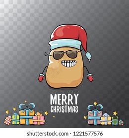 vector funky comic cartoon cute brown smiling santa claus potato with red santa hat, gifts and calligraphic merry christmas text isolated on transparent background. vegetable funky christmas character