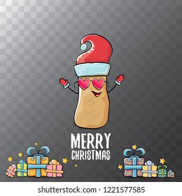 vector funky comic cartoon cute brown smiling santa claus potato with red santa hat, gifts and calligraphic merry christmas text isolated on transparent background. vegetable funky christmas character