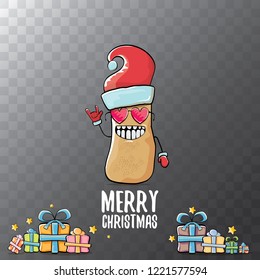 vector funky comic cartoon cute brown smiling santa claus potato with red santa hat, gifts and calligraphic merry christmas text isolated on transparent background. vegetable funky christmas character