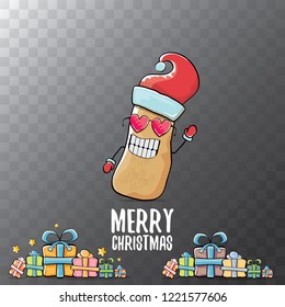 vector funky comic cartoon cute brown smiling santa claus potato with red santa hat, gifts and calligraphic merry christmas text isolated on transparent background. vegetable funky christmas character