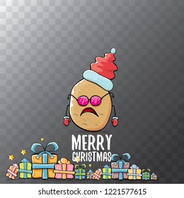vector funky comic cartoon cute brown smiling santa claus potato with red santa hat, gifts and calligraphic merry christmas text isolated on transparent background. vegetable funky christmas character