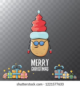 vector funky comic cartoon cute brown smiling santa claus potato with red santa hat, gifts and calligraphic merry christmas text isolated on transparent background. vegetable funky christmas character