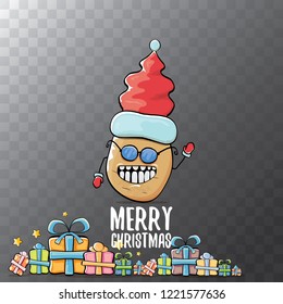vector funky comic cartoon cute brown smiling santa claus potato with red santa hat, gifts and calligraphic merry christmas text isolated on transparent background. vegetable funky christmas character