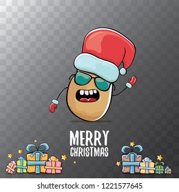 vector funky comic cartoon cute brown smiling santa claus potato with red santa hat, gifts and calligraphic merry christmas text isolated on transparent background. vegetable funky christmas character