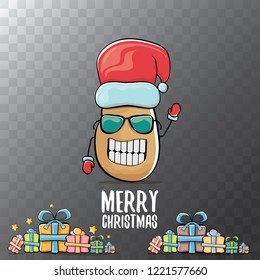 vector funky comic cartoon cute brown smiling santa claus potato with red santa hat, gifts and calligraphic merry christmas text isolated on transparent background. vegetable funky christmas character