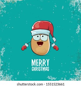 vector funky comic cartoon cute smiling santa claus potato character with red santa hat and calligraphic merry christmas text isolated on turquoise background. vegetable funky christmas food character