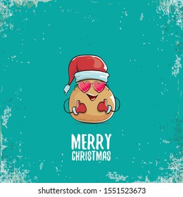 vector funky comic cartoon cute smiling santa claus potato character with red santa hat and calligraphic merry christmas text isolated on turquoise background. vegetable funky christmas food character