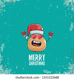vector funky comic cartoon cute smiling santa claus potato character with red santa hat and calligraphic merry christmas text isolated on turquoise background. vegetable funky christmas food character