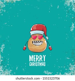 vector funky comic cartoon cute smiling santa claus potato character with red santa hat and calligraphic merry christmas text isolated on turquoise background. vegetable funky christmas food character