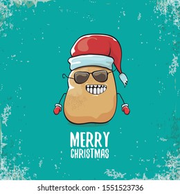vector funky comic cartoon cute smiling santa claus potato character with red santa hat and calligraphic merry christmas text isolated on turquoise background. vegetable funky christmas food character