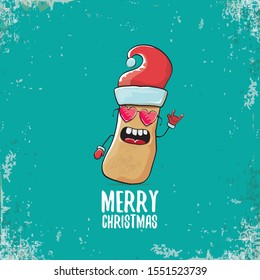 vector funky comic cartoon cute smiling santa claus potato character with red santa hat and calligraphic merry christmas text isolated on turquoise background. vegetable funky christmas food character
