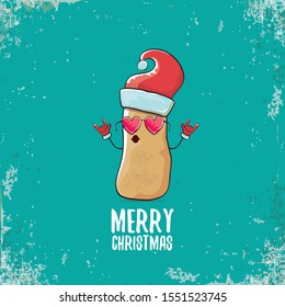 vector funky comic cartoon cute smiling santa claus potato character with red santa hat and calligraphic merry christmas text isolated on turquoise background. vegetable funky christmas food character