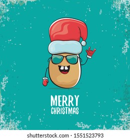 vector funky comic cartoon cute smiling santa claus potato character with red santa hat and calligraphic merry christmas text isolated on turquoise background. vegetable funky christmas food character