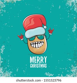 vector funky comic cartoon cute smiling santa claus potato character with red santa hat and calligraphic merry christmas text isolated on turquoise background. vegetable funky christmas food character