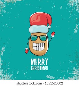 vector funky comic cartoon cute smiling santa claus potato character with red santa hat and calligraphic merry christmas text isolated on turquoise background. vegetable funky christmas food character