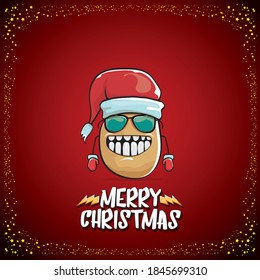 vector funky comic cartoon cute brown smiling santa claus potato with red santa hat and cartoon merry christmas text isolated on classic red background. vegetable funky christmas kids character