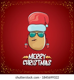 vector funky comic cartoon cute brown smiling santa claus potato with red santa hat and cartoon merry christmas text isolated on classic red background. vegetable funky christmas kids character