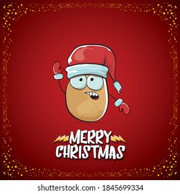 vector funky comic cartoon cute brown smiling santa claus potato with red santa hat and cartoon merry christmas text isolated on classic red background. vegetable funky christmas kids character