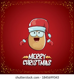 vector funky comic cartoon cute brown smiling santa claus potato with red santa hat and cartoon merry christmas text isolated on classic red background. vegetable funky christmas kids character
