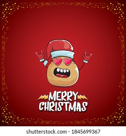 vector funky comic cartoon cute brown smiling santa claus potato with red santa hat and cartoon merry christmas text isolated on classic red background. vegetable funky christmas kids character