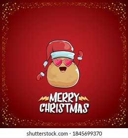vector funky comic cartoon cute brown smiling santa claus potato with red santa hat and cartoon merry christmas text isolated on classic red background. vegetable funky christmas kids character