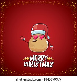 vector funky comic cartoon cute brown smiling santa claus potato with red santa hat and cartoon merry christmas text isolated on classic red background. vegetable funky christmas kids character