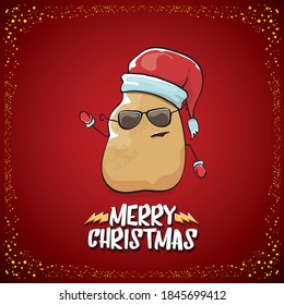 vector funky comic cartoon cute brown smiling santa claus potato with red santa hat and cartoon merry christmas text isolated on classic red background. vegetable funky christmas kids character