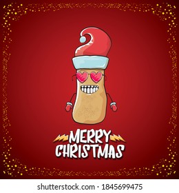 vector funky comic cartoon cute brown smiling santa claus potato with red santa hat and cartoon merry christmas text isolated on classic red background. vegetable funky christmas kids character